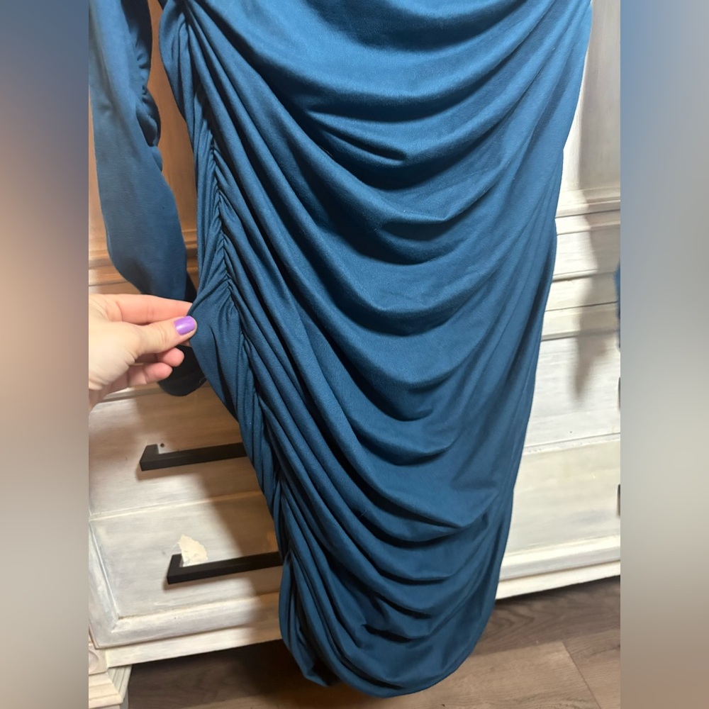 S By Serena Teal Bodycon Ruched‎ Dress Flattering Cocktail Elegant Classic - Picture 4 of 8